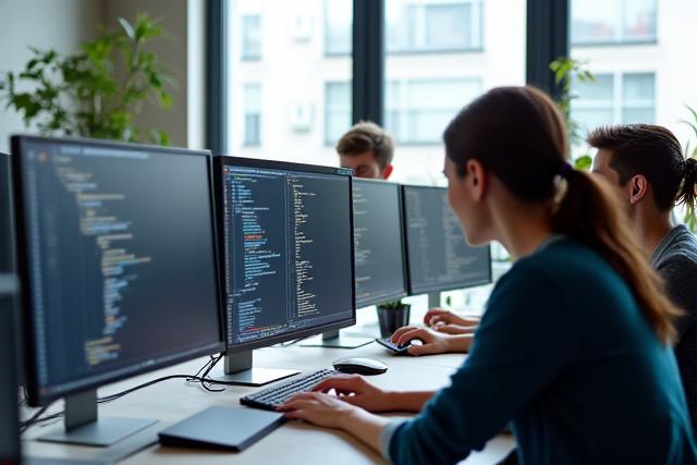 Équipe de développeurs Tiso Immo travaillant dans un environnement de bureau moderne