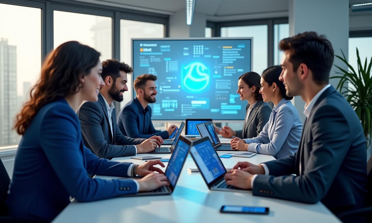 Une équipe de développeurs collaborant sur un projet de développement d'applications mobiles, avec des smartphones et des tablettes affichant des interfaces d'applications modernes.